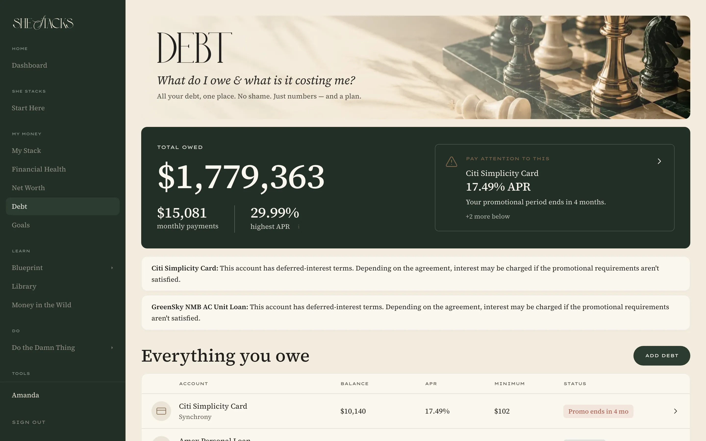 The Debt page: total owed, the highest rate, and every debt with its balance, APR and minimum