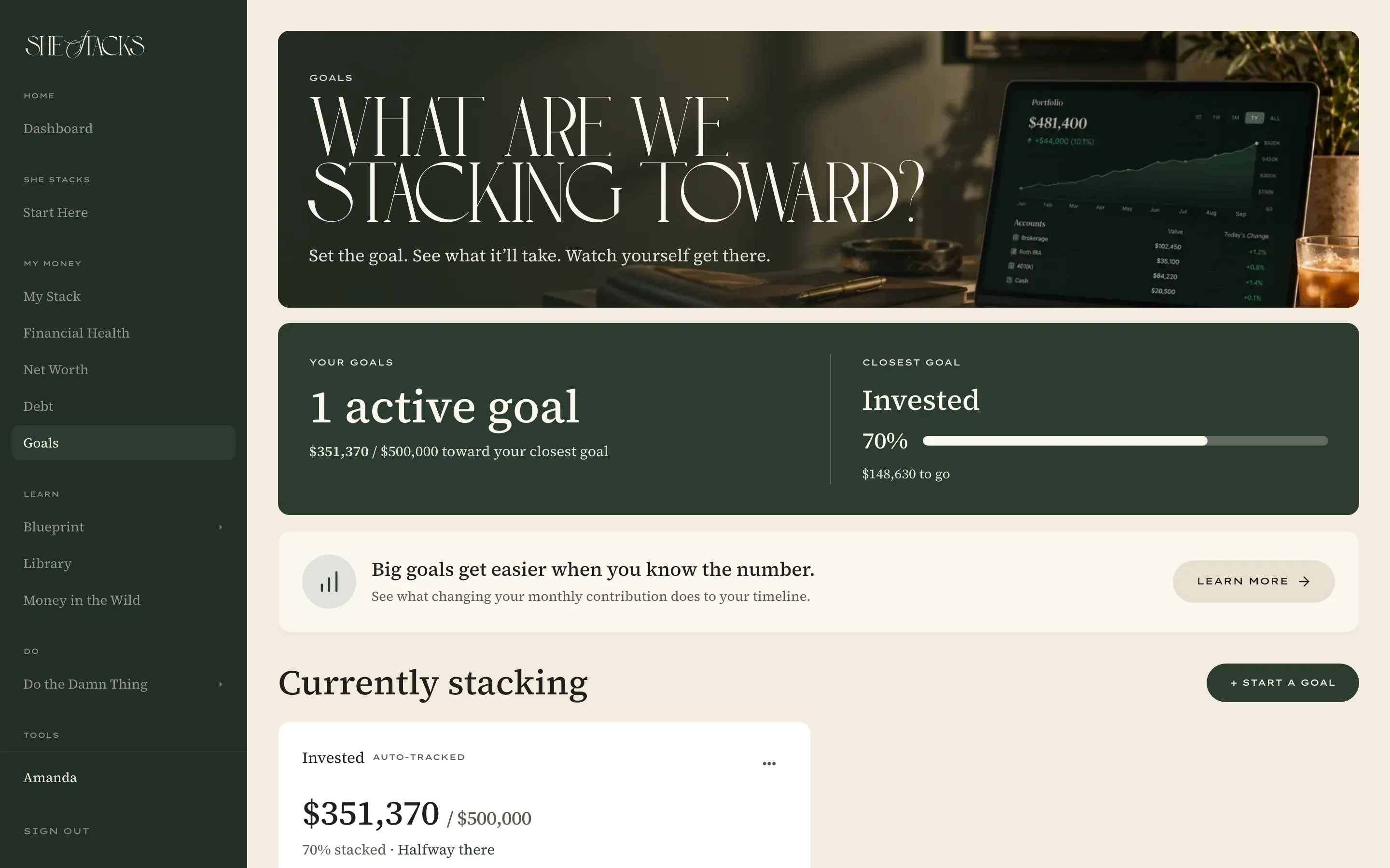 Goals: one active goal at 70%, and goals already hit