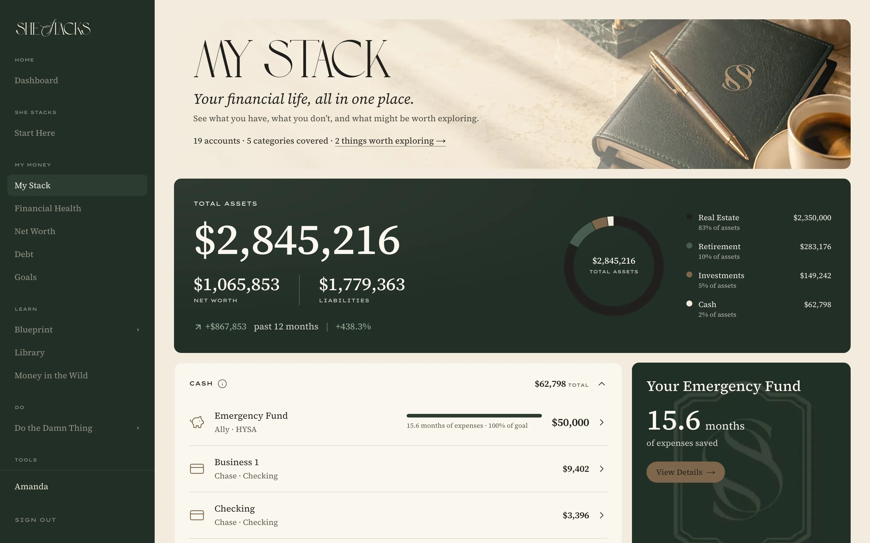 My Stack: total assets, net worth, and cash and retirement accounts listed by category