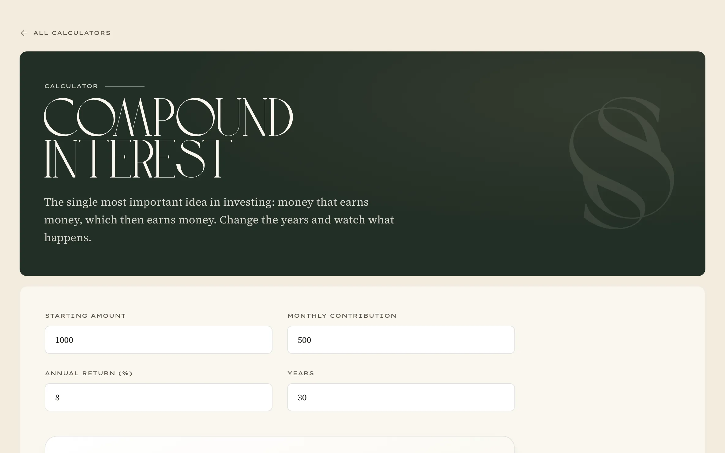 The compound interest calculator: starting amount, monthly contribution, return and years
