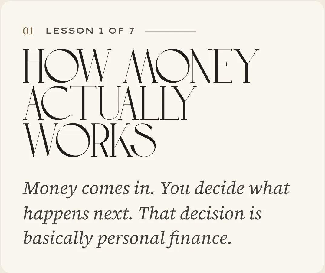 A Blueprint lesson, How Money Actually Works, with the module's lessons beside it