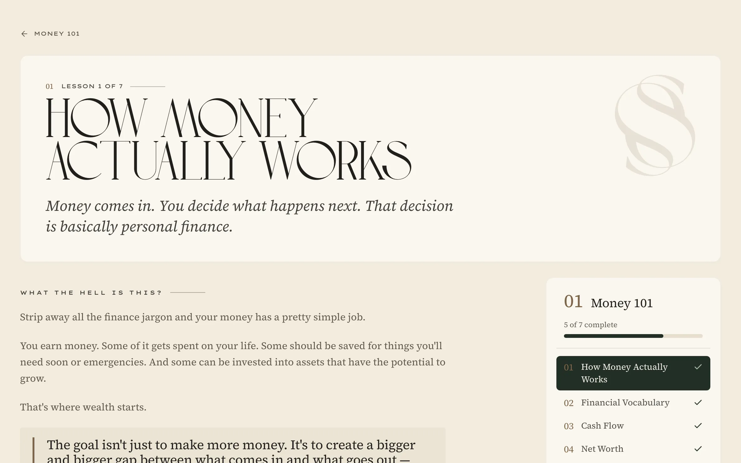 A Blueprint lesson, How Money Actually Works, with the module's lessons beside it