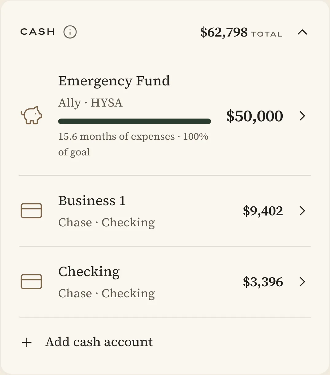 My Stack: total assets, net worth and liabilities, with every account by category