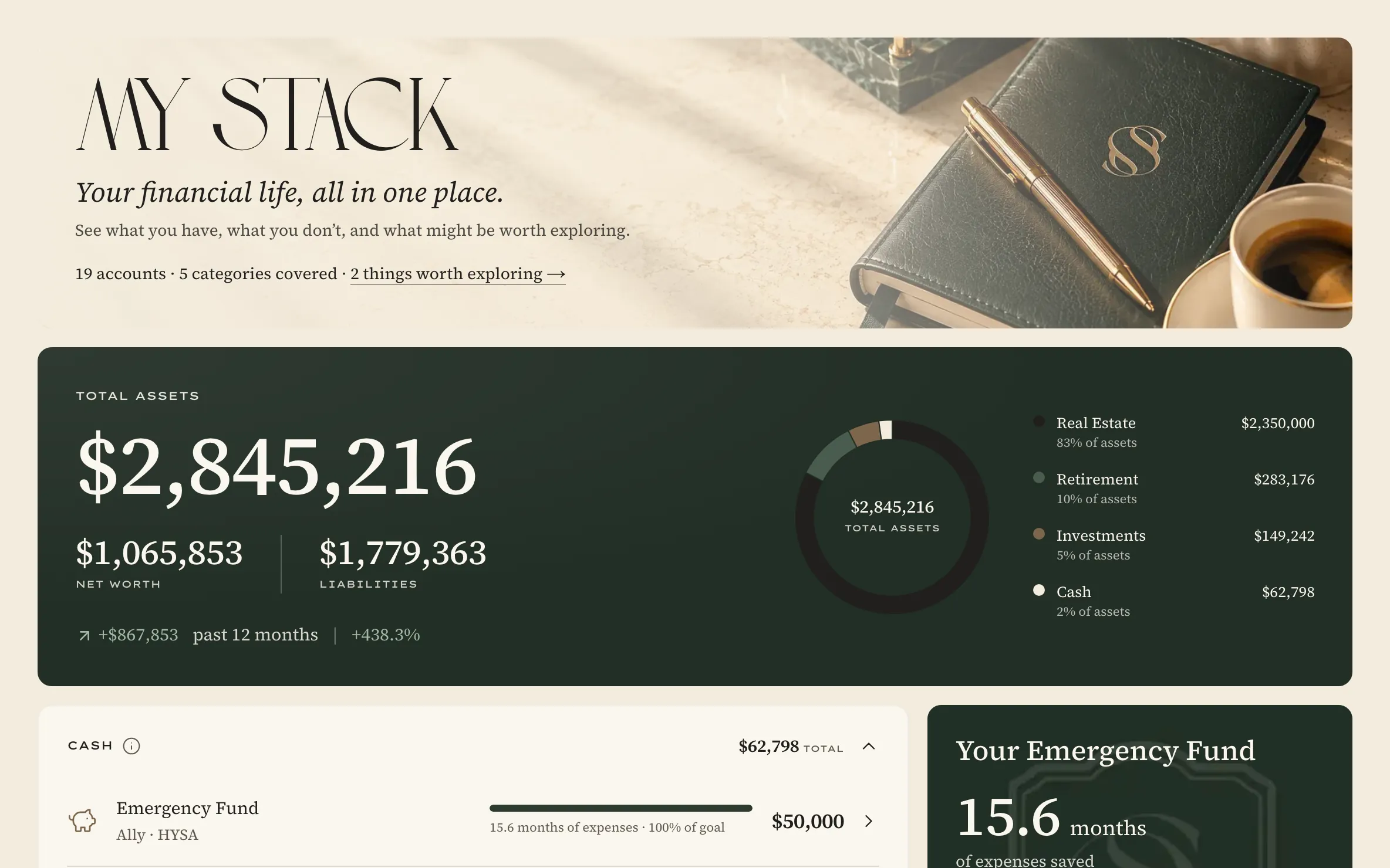 My Stack: total assets, net worth and liabilities, with every account by category