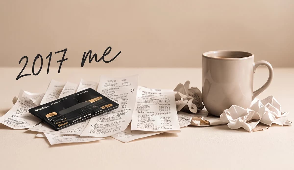A credit card on a pile of receipts beside a coffee mug, labelled 2017 me